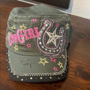 Stylish Cowgirl Hat with Star Embroidery - Green and Pink